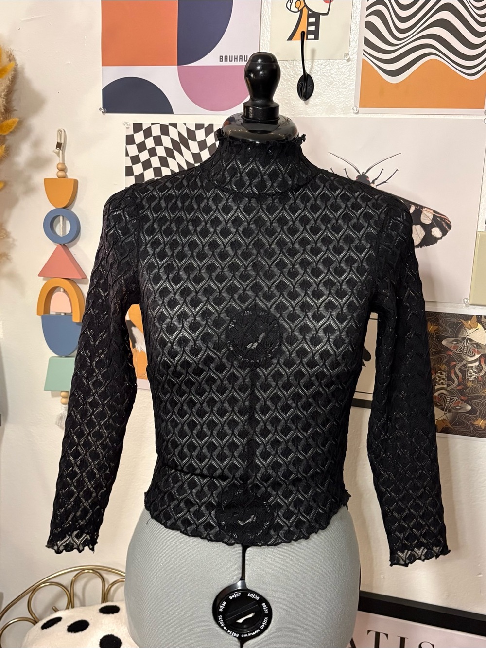 For Love & Lemons Black Sheer Lace Mock Neck Top Size Small NWT